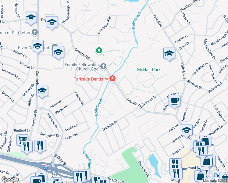 map of restaurants, bars, coffee shops, grocery stores, and more near 9 Buckingham Place in Saint Charles
