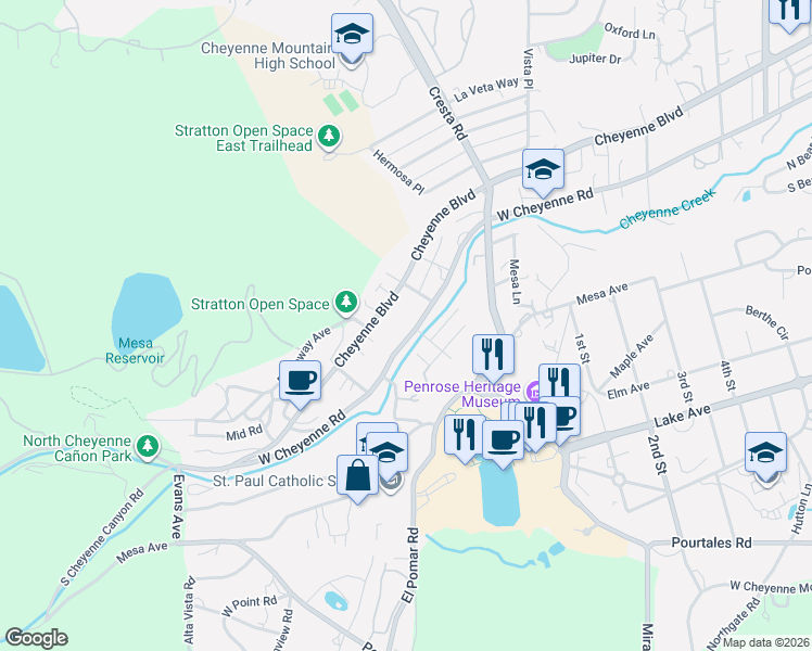 map of restaurants, bars, coffee shops, grocery stores, and more near 3 Stratton Avenue in Colorado Springs
