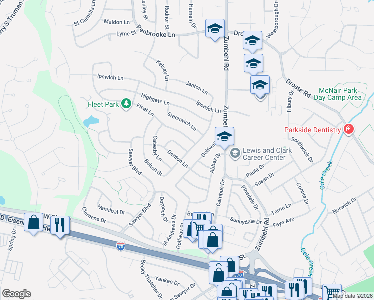 map of restaurants, bars, coffee shops, grocery stores, and more near 2405 Golfway Drive in Saint Charles