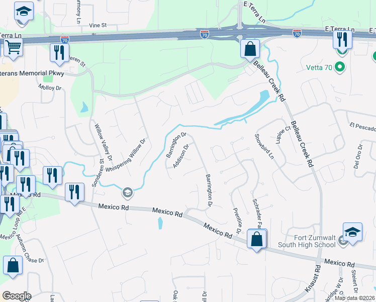 map of restaurants, bars, coffee shops, grocery stores, and more near 8 Addison Court in St. Peters