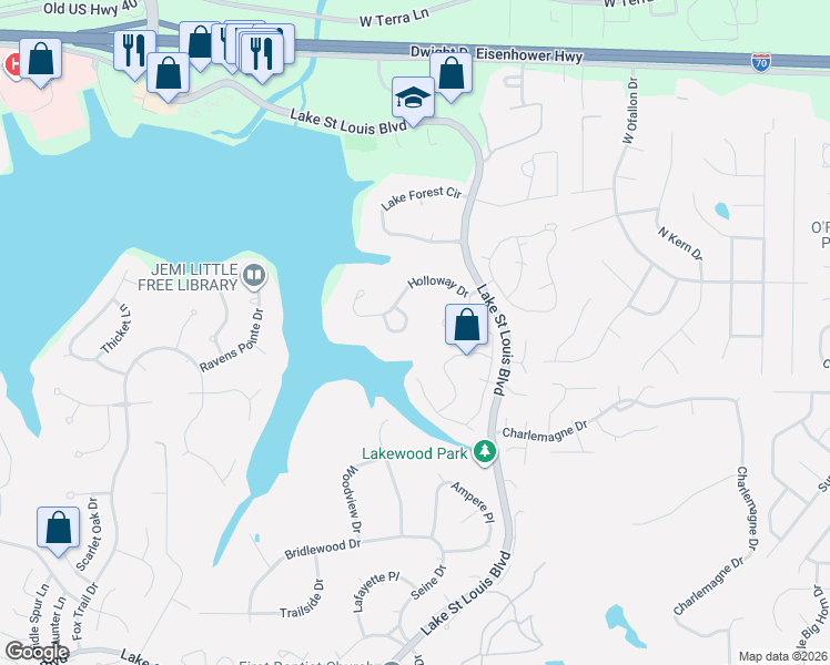 map of restaurants, bars, coffee shops, grocery stores, and more near 645 Lakeview Road in Lake Saint Louis