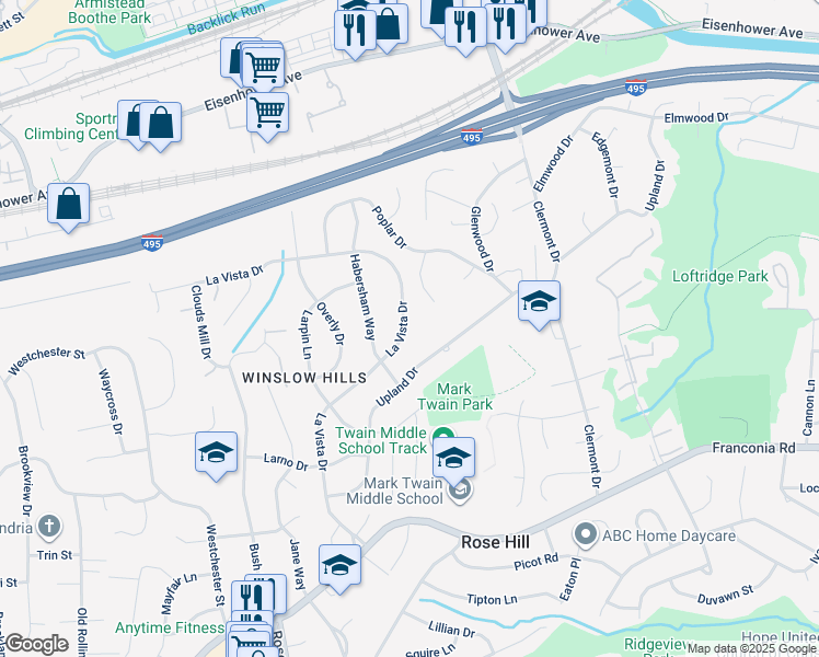 map of restaurants, bars, coffee shops, grocery stores, and more near 5729 La Vista Drive in Alexandria