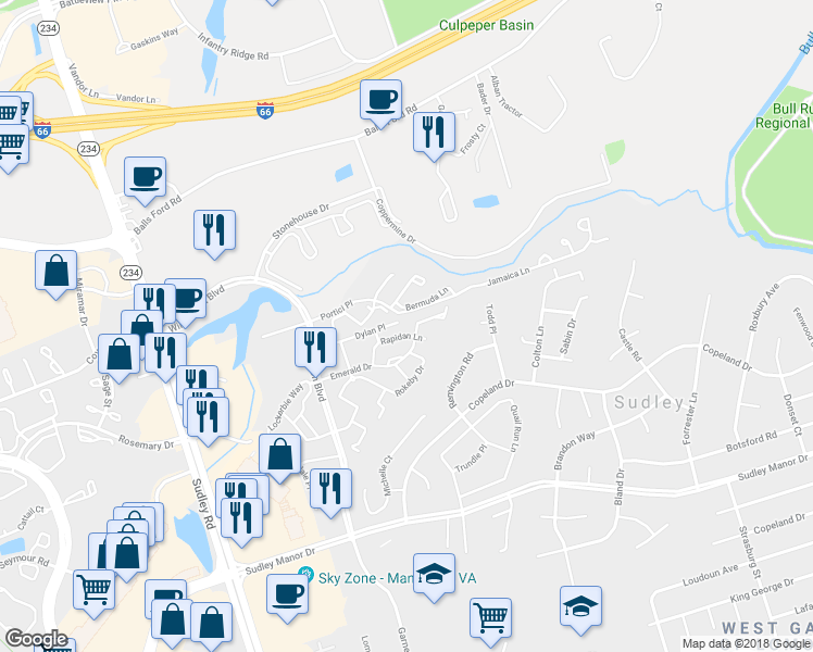 map of restaurants, bars, coffee shops, grocery stores, and more near 10395 Dylan Place in Manassas