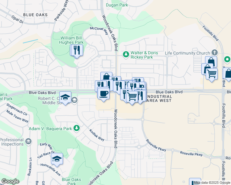 map of restaurants, bars, coffee shops, grocery stores, and more near Blue Oaks Blvd & Woodcreek Oaks Blvd in Roseville