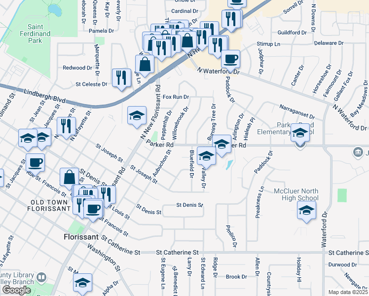 map of restaurants, bars, coffee shops, grocery stores, and more near 1960 Parker Road in Florissant