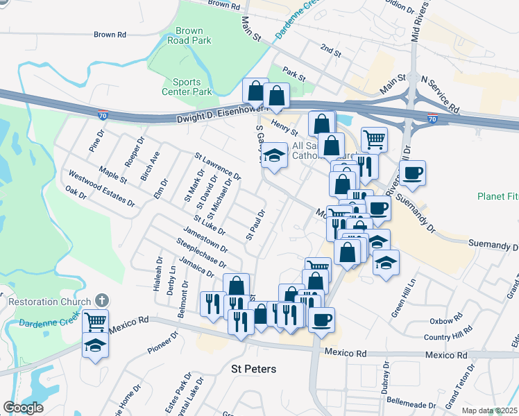 map of restaurants, bars, coffee shops, grocery stores, and more near 3 Saint Paul Drive in Saint Peters