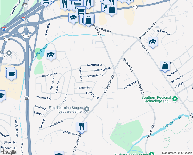 map of restaurants, bars, coffee shops, grocery stores, and more near 1125 Devonshire Drive in Oxon Hill