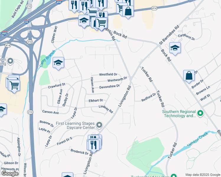 map of restaurants, bars, coffee shops, grocery stores, and more near 1125 Devonshire Drive in Oxon Hill