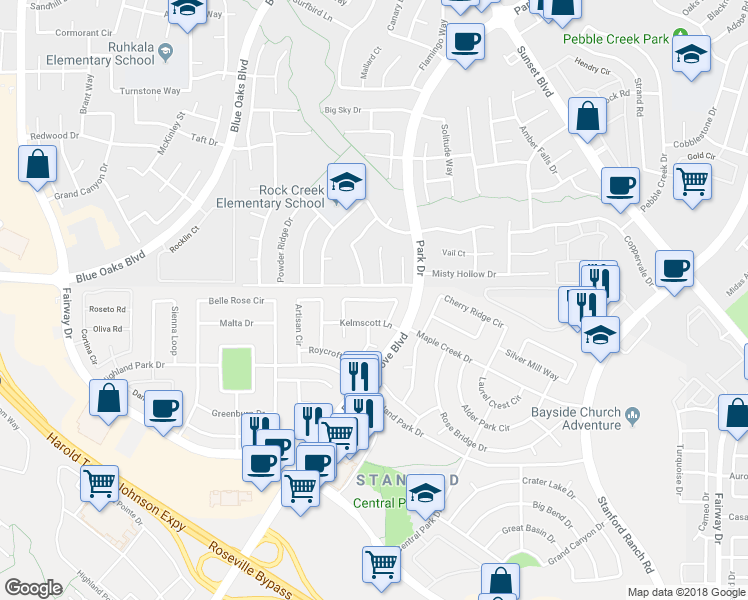 map of restaurants, bars, coffee shops, grocery stores, and more near 7155 Claremont Circle in Roseville