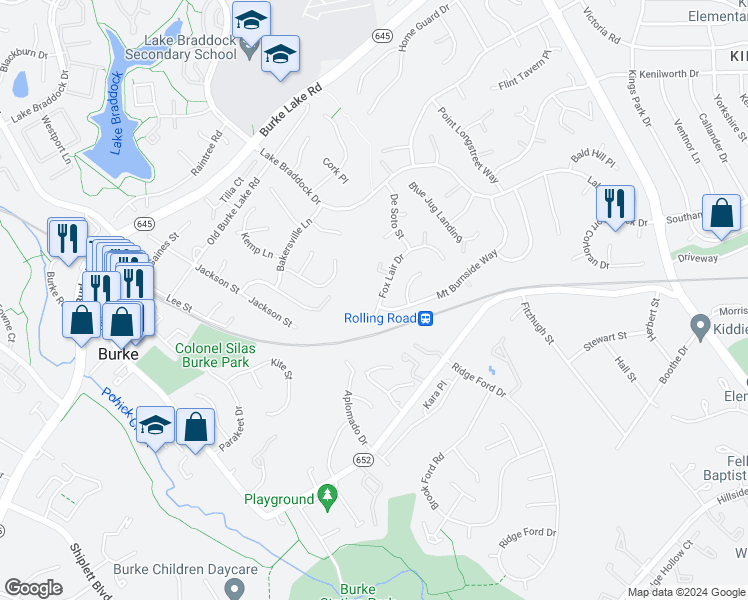 map of restaurants, bars, coffee shops, grocery stores, and more near 9124 Fox Lair Drive in Burke