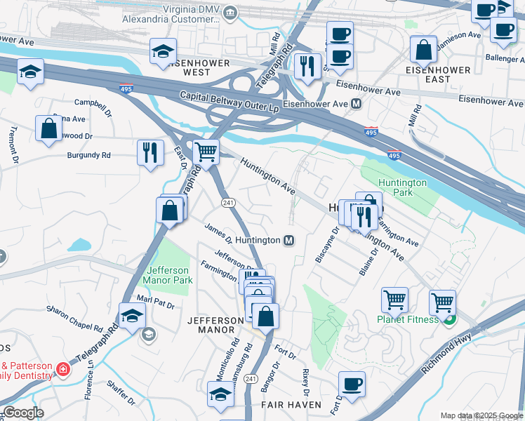 map of restaurants, bars, coffee shops, grocery stores, and more near 2622 Fort Farnsworth Road in Alexandria