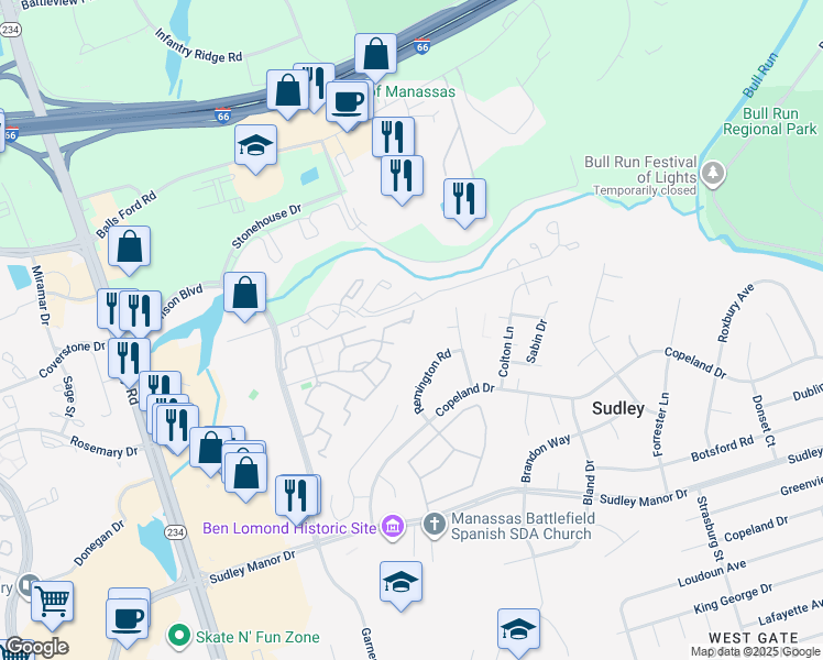 map of restaurants, bars, coffee shops, grocery stores, and more near 7403 Emerald Drive in Manassas