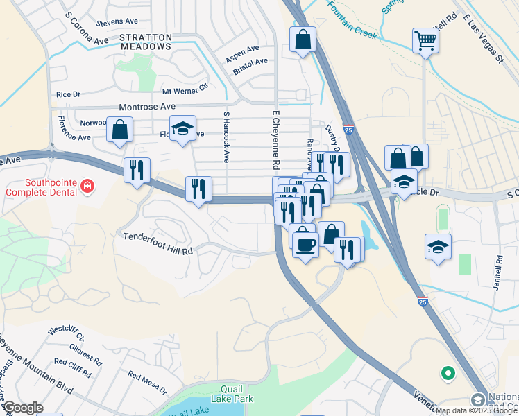 map of restaurants, bars, coffee shops, grocery stores, and more near 1218 Harrison Road in Colorado Springs