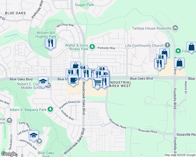 map of restaurants, bars, coffee shops, grocery stores, and more near 1491 Blue Oaks Boulevard in Roseville
