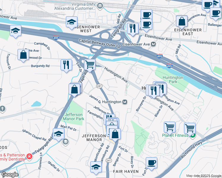 map of restaurants, bars, coffee shops, grocery stores, and more near 2626 Fort Farnsworth Road in Alexandria