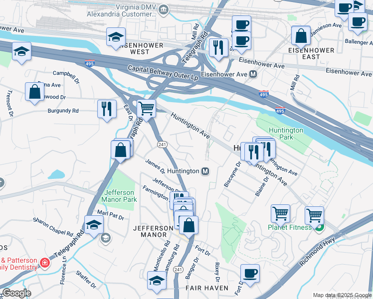 map of restaurants, bars, coffee shops, grocery stores, and more near 2635 Redcoat Drive in Alexandria