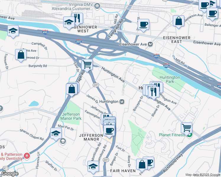 map of restaurants, bars, coffee shops, grocery stores, and more near 2618 Fort Farnsworth Road in Alexandria