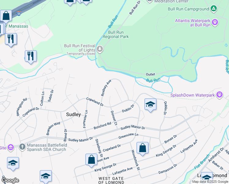 map of restaurants, bars, coffee shops, grocery stores, and more near 7408 Fenwood Court in Manassas
