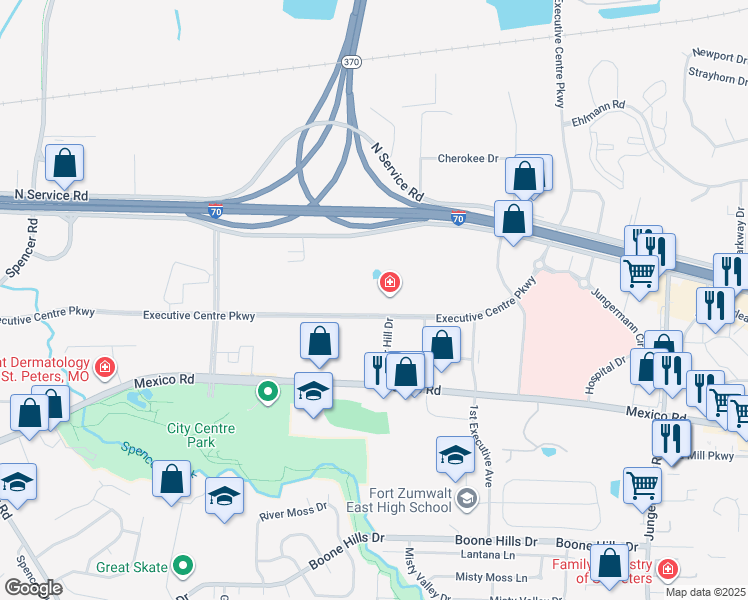 map of restaurants, bars, coffee shops, grocery stores, and more near 4800 Executive Centre Parkway in St. Peters