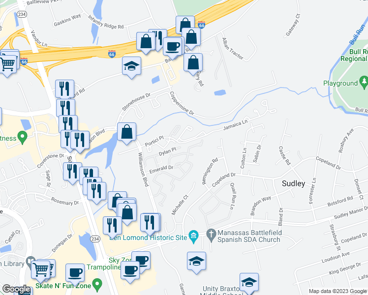 map of restaurants, bars, coffee shops, grocery stores, and more near 10391 Dylan Place in Manassas
