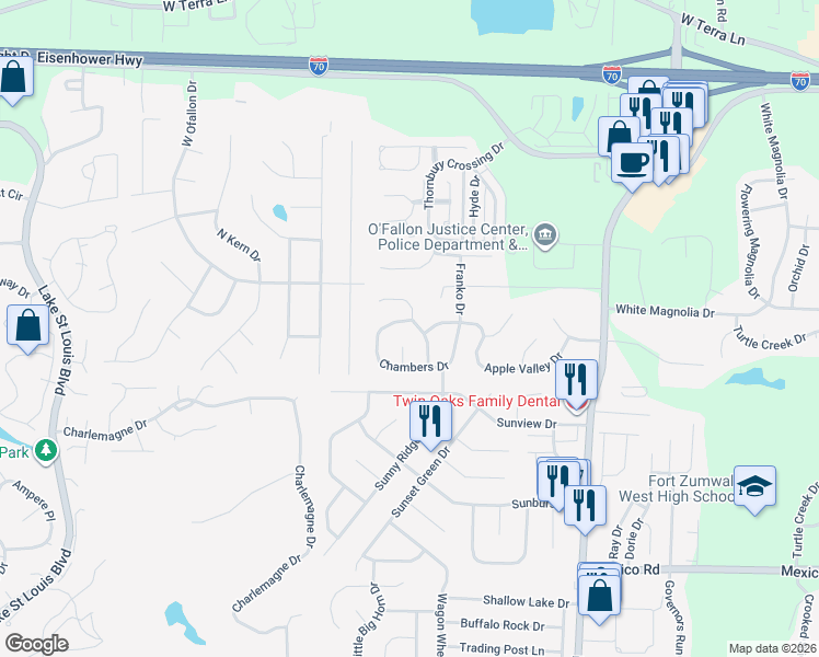 map of restaurants, bars, coffee shops, grocery stores, and more near 1499 Chambers Drive in O'Fallon