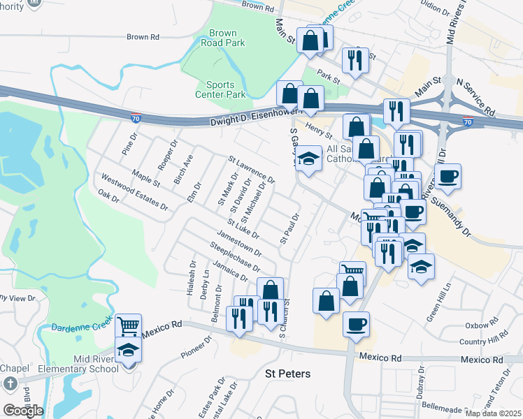 map of restaurants, bars, coffee shops, grocery stores, and more near 9 Saint Catherine Drive in Saint Peters