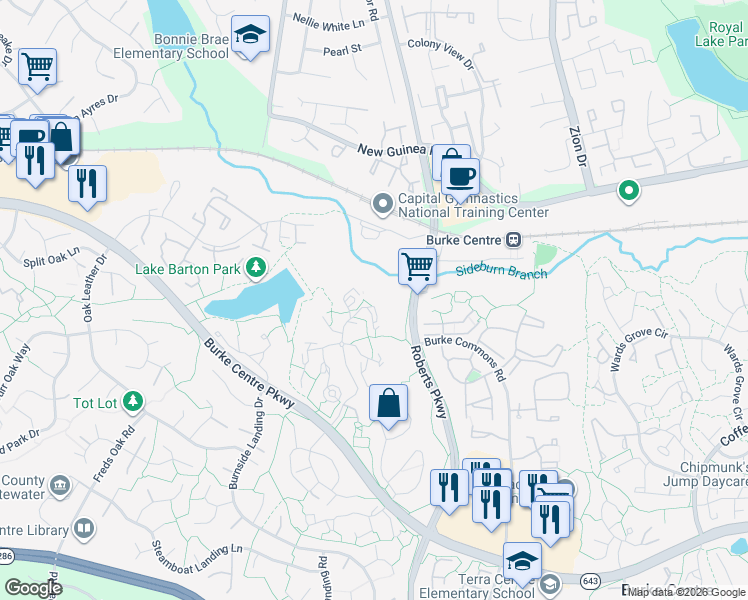 map of restaurants, bars, coffee shops, grocery stores, and more near 5809 Cove Landing Road in Burke