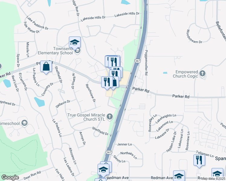 map of restaurants, bars, coffee shops, grocery stores, and more near 196 Mayfair Plaza Shopping Center in Florissant