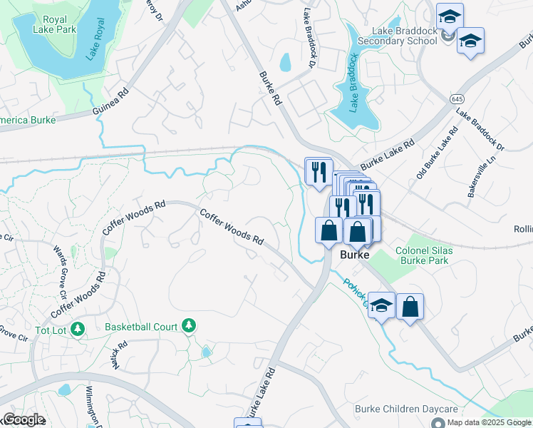 map of restaurants, bars, coffee shops, grocery stores, and more near 5743 Burke Towne Court in Burke