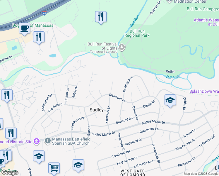 map of restaurants, bars, coffee shops, grocery stores, and more near 7404 Forrester Lane in Manassas