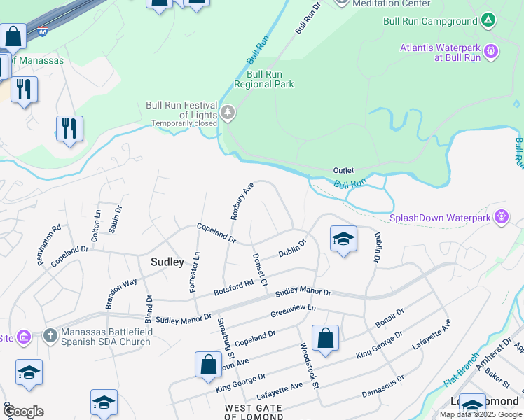 map of restaurants, bars, coffee shops, grocery stores, and more near 7408 Fenwood Court in Manassas