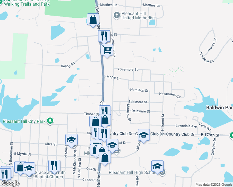 map of restaurants, bars, coffee shops, grocery stores, and more near 808 Lexington Road in Pleasant Hill