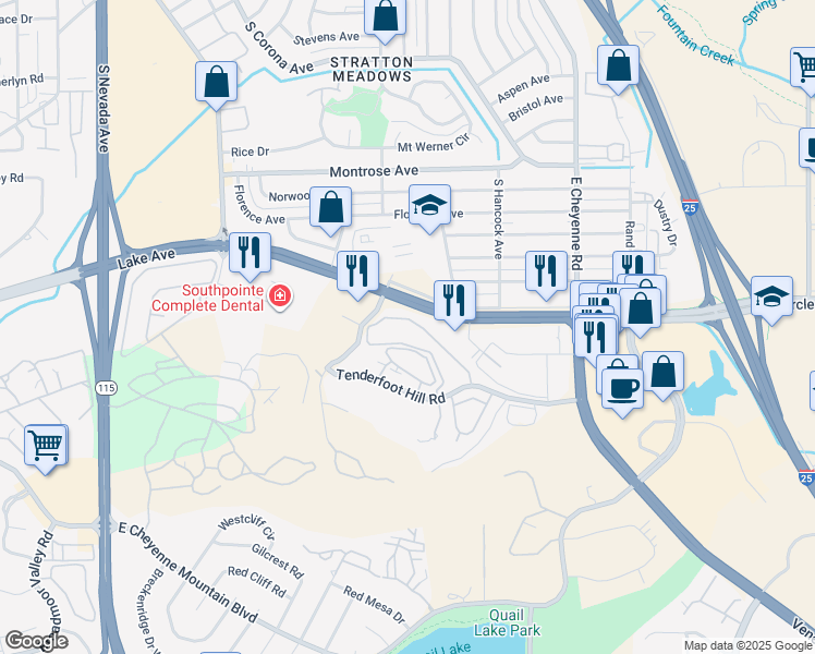 map of restaurants, bars, coffee shops, grocery stores, and more near 2675 Reeve Circle in Colorado Springs