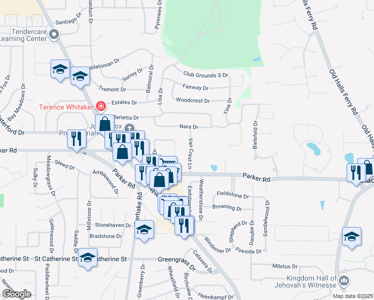 map of restaurants, bars, coffee shops, grocery stores, and more near 7 Van Crest Lane in Florissant