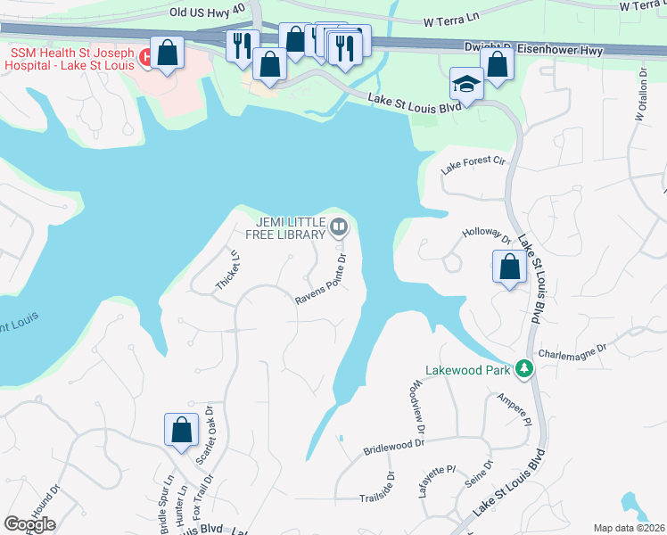 map of restaurants, bars, coffee shops, grocery stores, and more near 28 Ravens Pointe in Lake Saint Louis