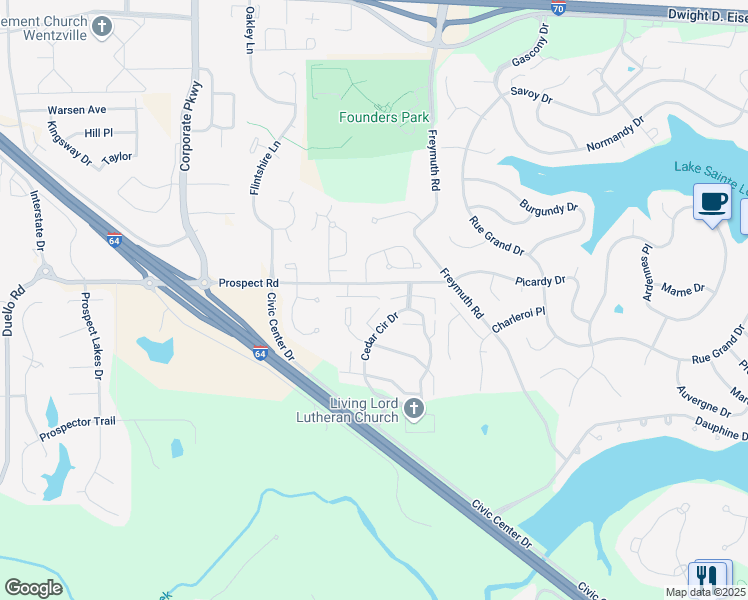 map of restaurants, bars, coffee shops, grocery stores, and more near 1601 Prospect Village Drive in Lake Saint Louis