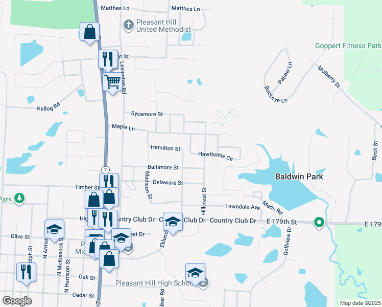 map of restaurants, bars, coffee shops, grocery stores, and more near 909 Hillcrest Street in Pleasant Hill