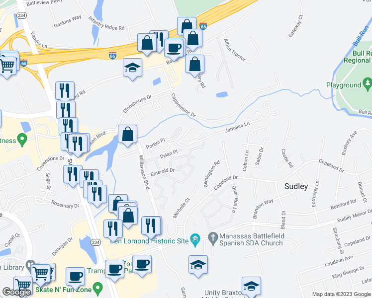 map of restaurants, bars, coffee shops, grocery stores, and more near 7434 Emerald Drive in Manassas