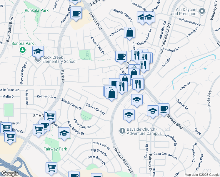 map of restaurants, bars, coffee shops, grocery stores, and more near 6130 Mehrten Circle in Rocklin