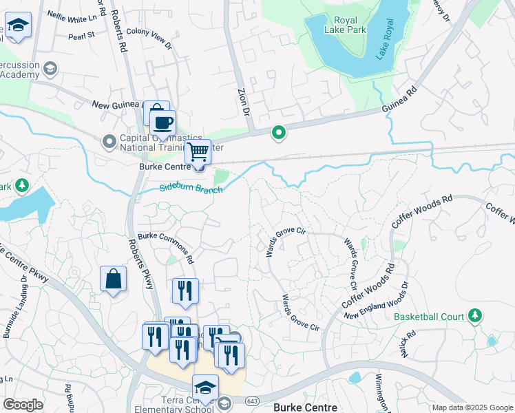 map of restaurants, bars, coffee shops, grocery stores, and more near 5730 Walnut Wood Lane in Burke