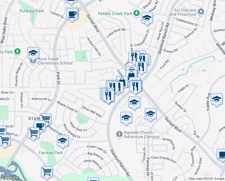 map of restaurants, bars, coffee shops, grocery stores, and more near 6130 Mehrten Circle in Rocklin