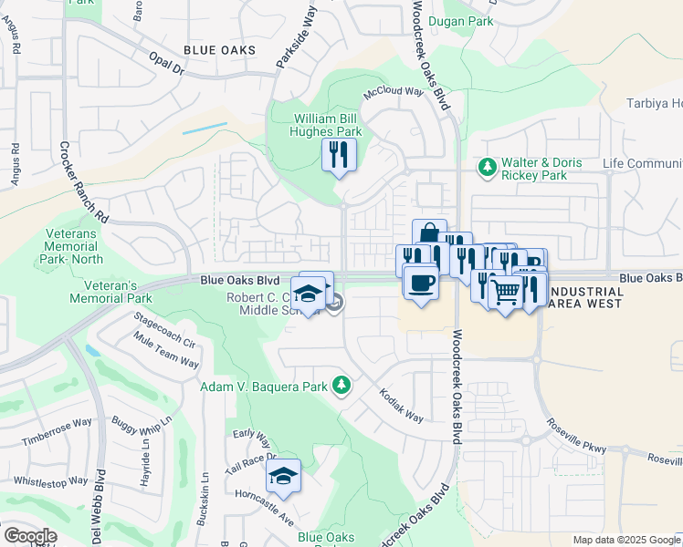 map of restaurants, bars, coffee shops, grocery stores, and more near Blue Oaks Blvd & Diamond Creek Blvd in Roseville