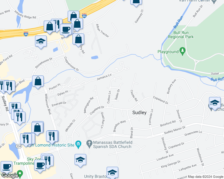 map of restaurants, bars, coffee shops, grocery stores, and more near 7403 Colton Lane in Manassas