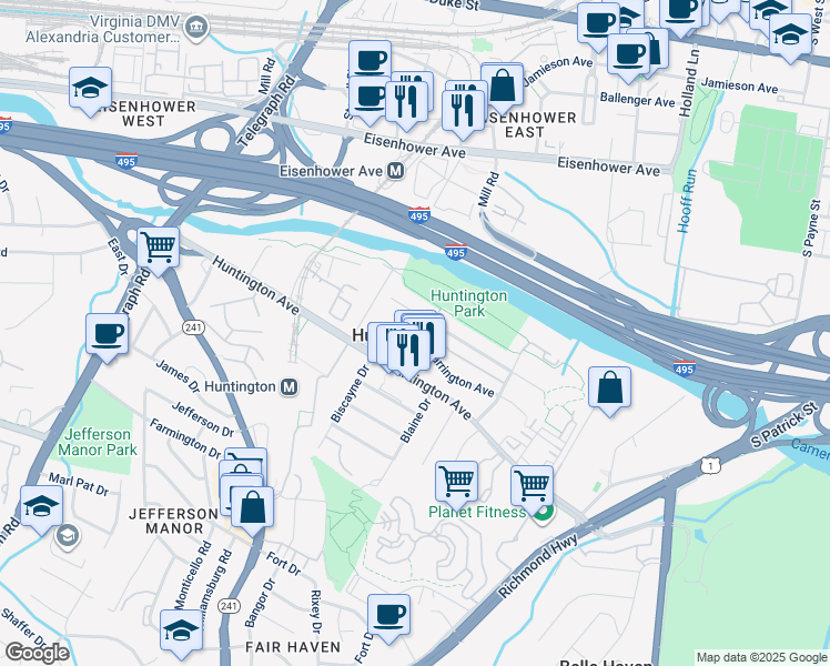 map of restaurants, bars, coffee shops, grocery stores, and more near 2246 Farrington Avenue in Alexandria