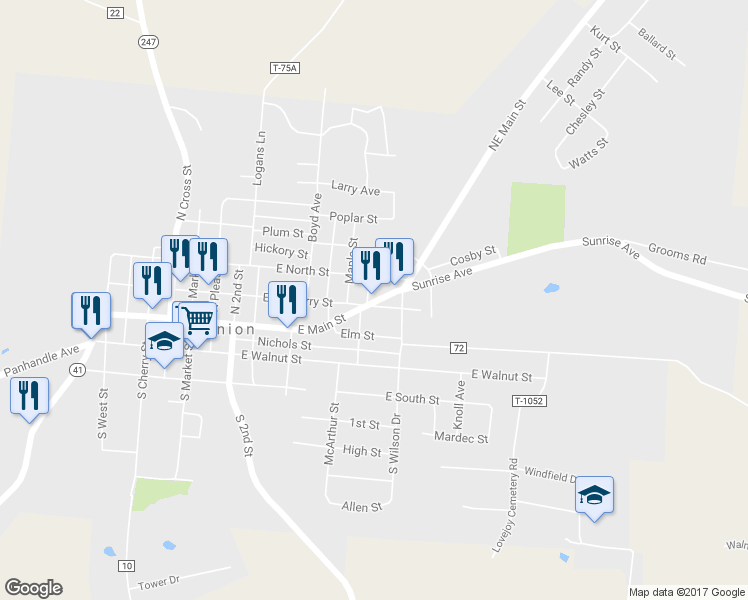 map of restaurants, bars, coffee shops, grocery stores, and more near 708 E Main St in West Union