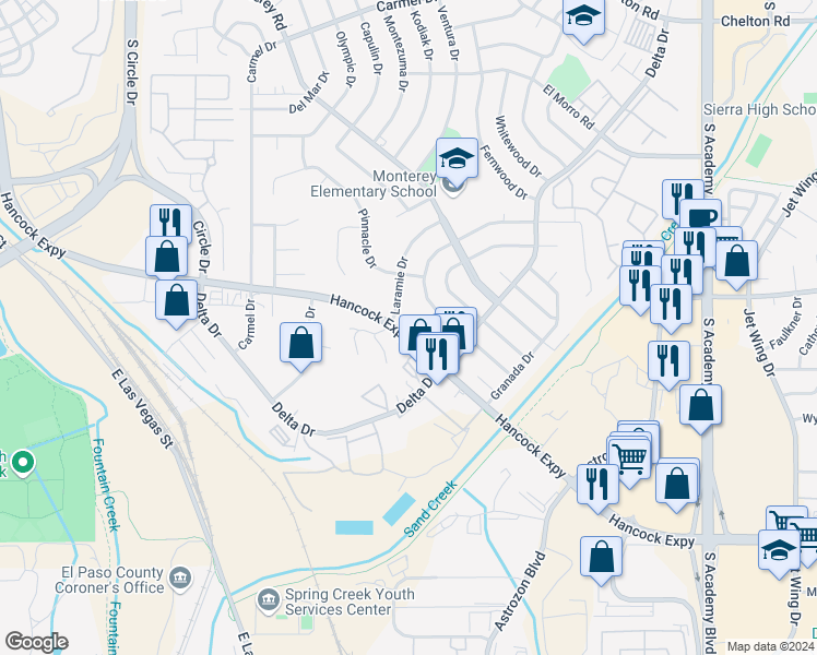 map of restaurants, bars, coffee shops, grocery stores, and more near 2518 San Marcos Drive in Colorado Springs