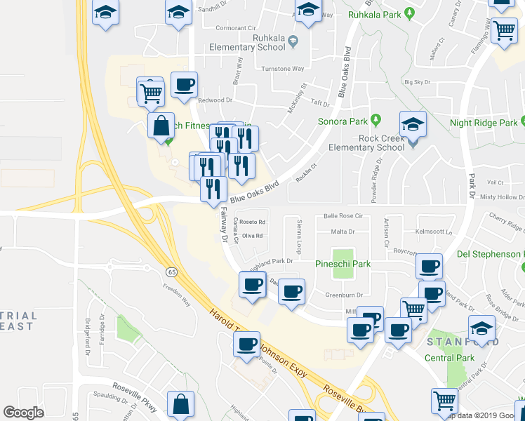 map of restaurants, bars, coffee shops, grocery stores, and more near 6671 Blue Oaks Boulevard in Rocklin