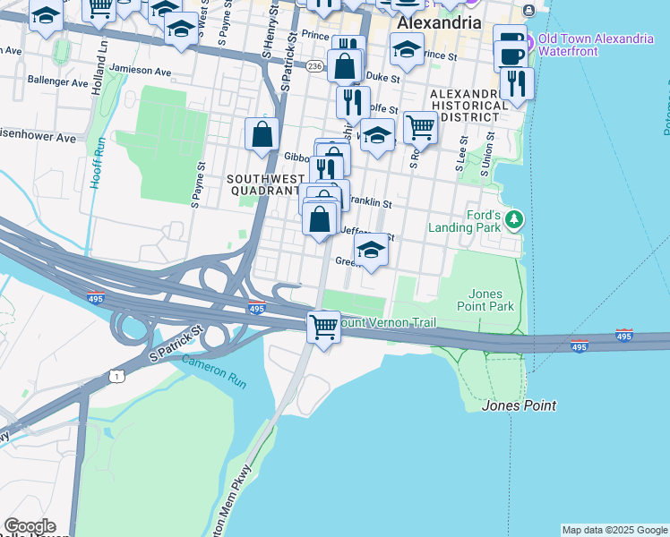 map of restaurants, bars, coffee shops, grocery stores, and more near 906 South Washington Street in Alexandria