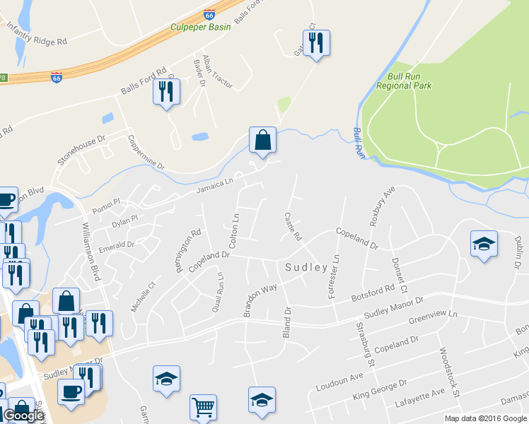 map of restaurants, bars, coffee shops, grocery stores, and more near 7411 Sabin Drive in Manassas