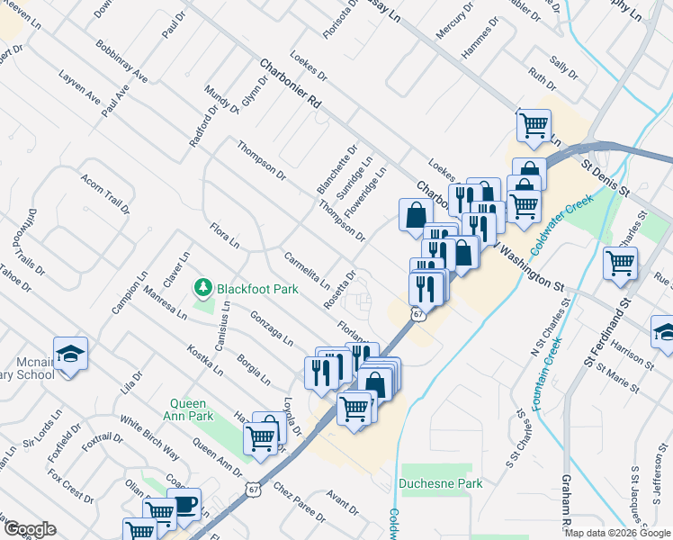 map of restaurants, bars, coffee shops, grocery stores, and more near 810 Keeven Lane in Florissant